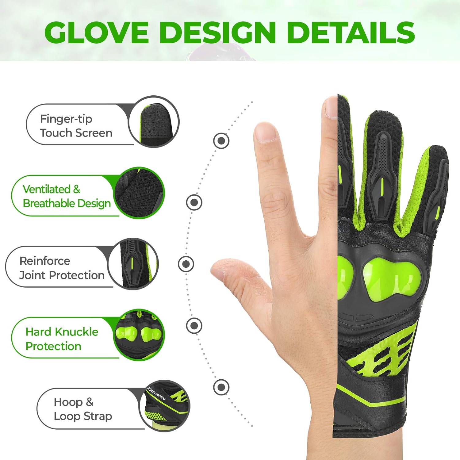 kemimoto Motorcycle Riding Summer Gloves Men Women, Moto Dirt Bike Touchscreen Motocross Bicycle Motorcycling Gloves Outdoor Driving ATV Off-Road Hard Knuckle Powersports Breathable Gloves (Green, XL) : Automotive