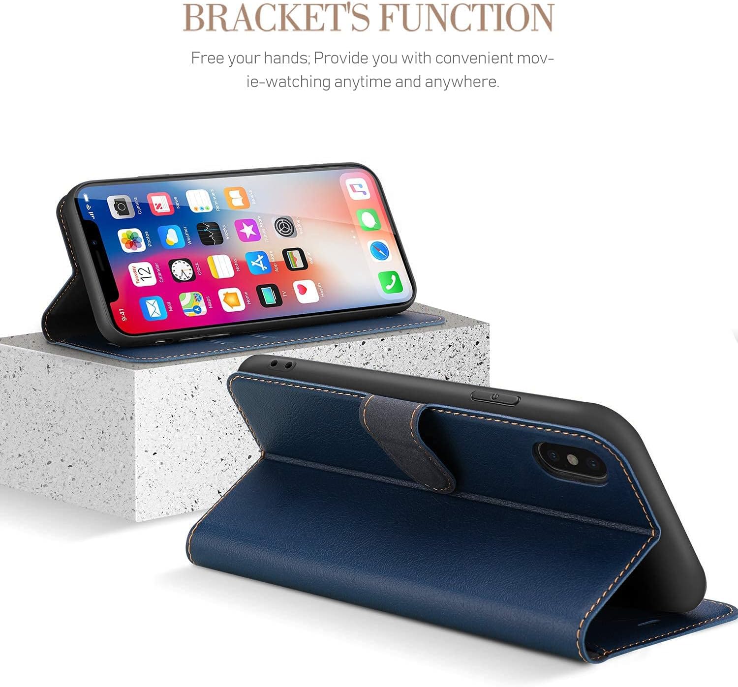 ELESNOW Etui na iPhone X/XS, Premium PU Skórzany Portfel i Przegrody Karty, Składany Magnetyczny Antyuderzeniowy Skrzynia Ochrony Telefonu Komórkowego (Niebieski)