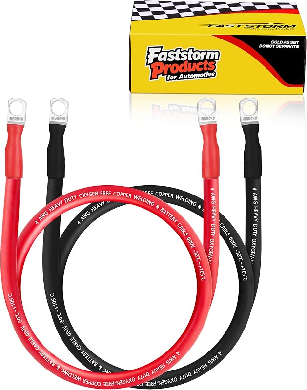 Cabo de bateria 4 AWG FASTSTORM em cobre puro com terminais M8 – Par vermelho e preto de 1,22 m