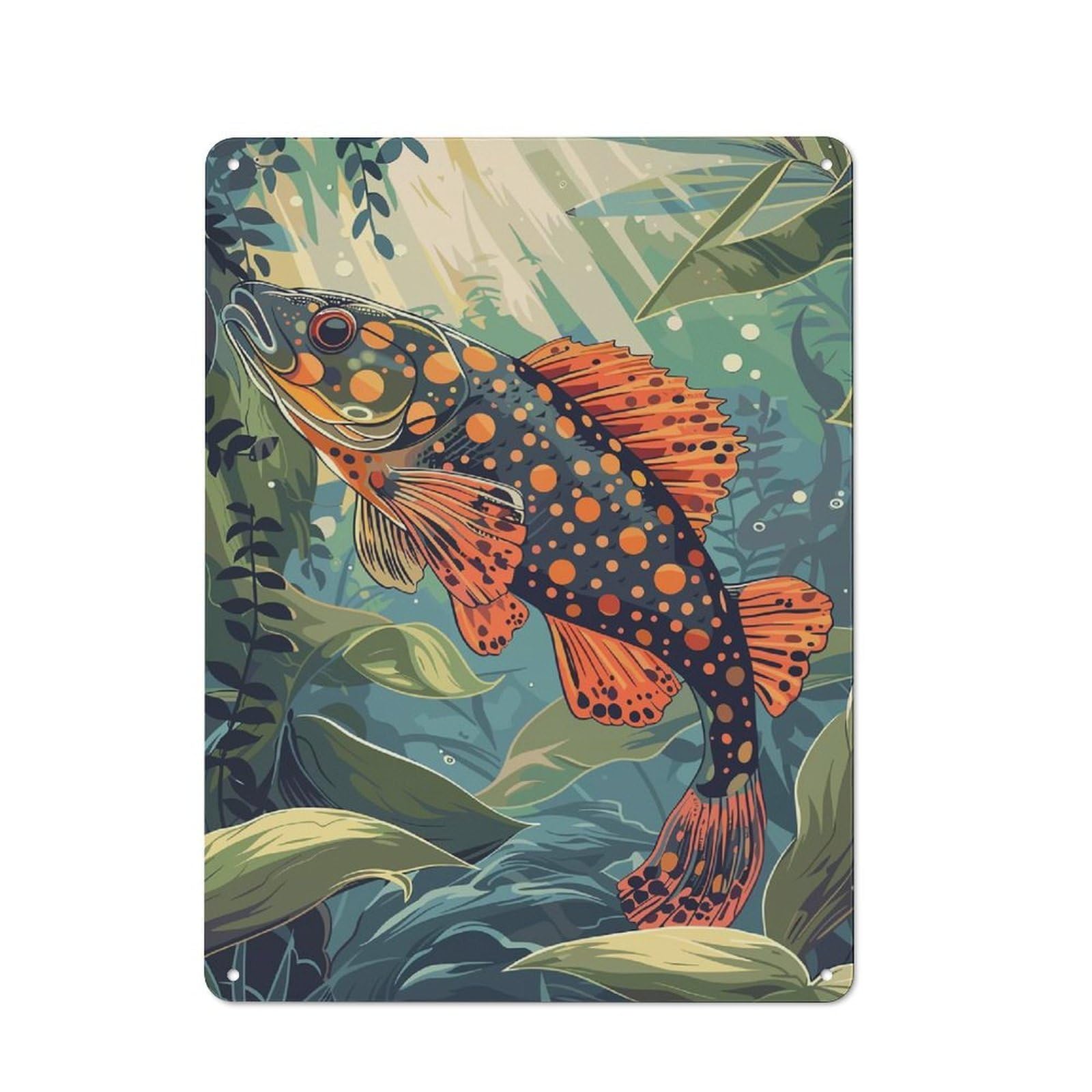 Junmoney Style-21 Tin Wall Plaque 40X30cm With Spotted Fish In Lush Underwater Scene For Hobby Room Or Studio, For Themed Interiors In Hobby Rooms And Studios