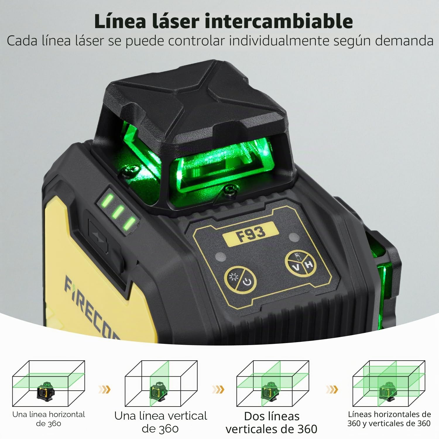 Firecore Nivel Láser Autonivelante 360° x 3, Láser Nivel de Construcción de Alta Precisión ±2 mm/10 m con Batería de Litio Recargable, Alcance de 60 m en Modo de Pulso, Ideal Para Uso en Interiores