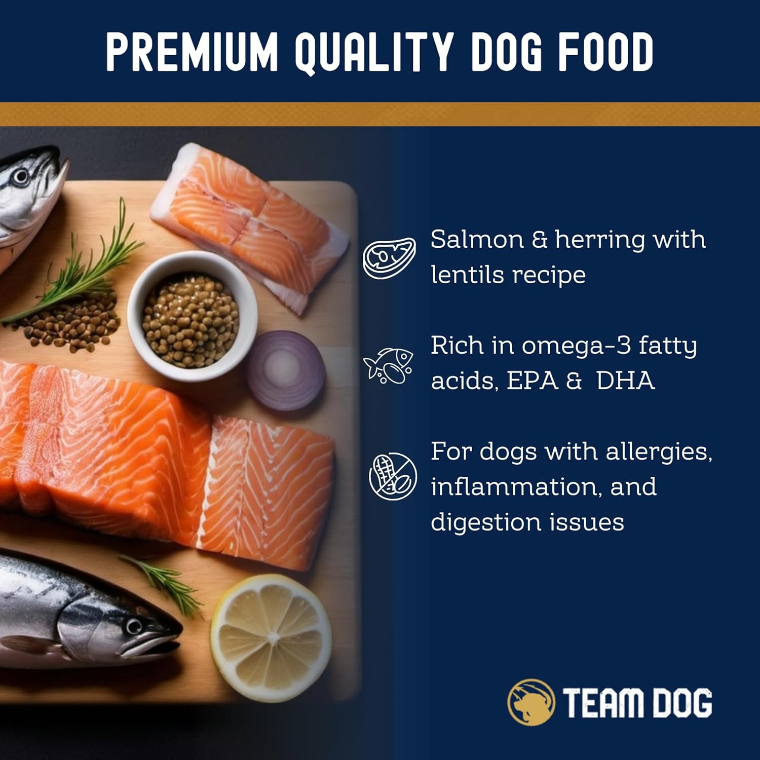 Team Dog Essential Blend Premium Herring & Salmon Dog Food | Sensitive Stomach Dog Food | Gluten & GMO Free, No Corn, Wheat, No Soy Chicken Free | All Life Stage Formula (33 lb)