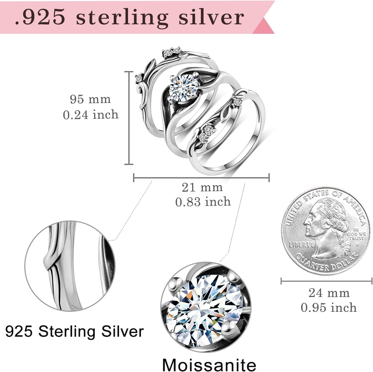 Moissanite Rings Set 925 Sterling Silver Moissanite Leaf Ring Set with Moissanite Stone Jewelry Gifts for Women