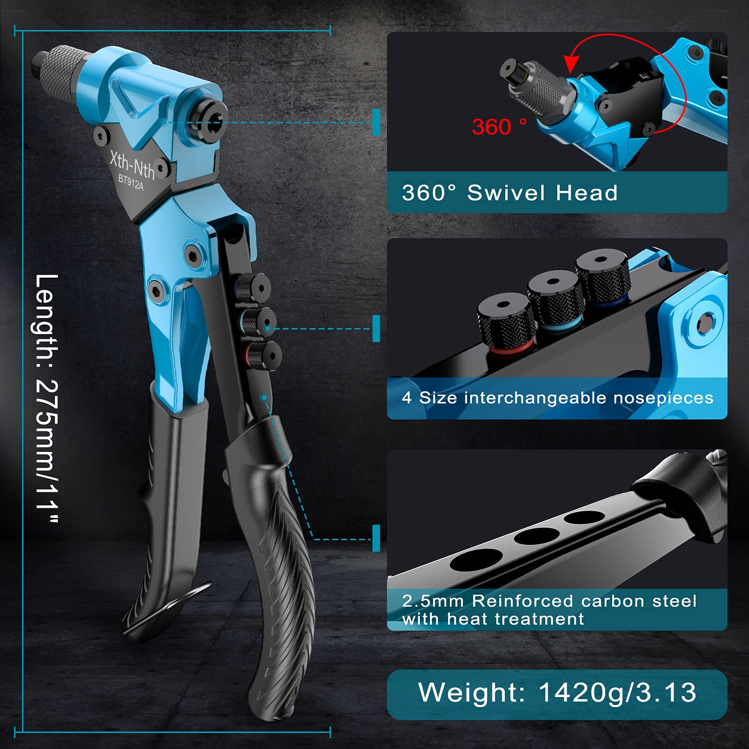 XthNth 11" Rivet Gun with 200Pcs Rivets, Pop Rivet Tool Kit with 360