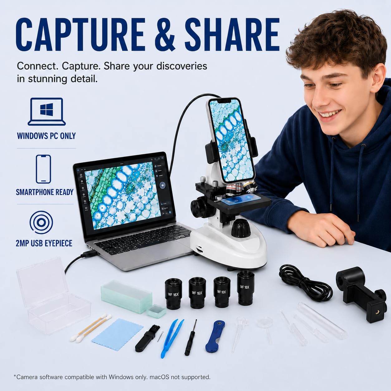 Mikroskop für Erwachsene & Studenten mit 2MP USB-Kamera & 3D-Bühne, 40X-1600X | Biologisches Fernglas-Mikroskop mit Dual-LED, DIY 15 Dia-Kit, Handy-Adapter & stoßfestes Gehäuse für MINT-Bildung