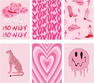 Qpout 6pcs Hot Pink Preppy Wall Art Posters Y2K Let's Go Girls Cowgirl Boots Wall Art Poster Prints,Cute Preppy Pictures Prints for Bedroom Dorm Decor Aesthetic, Pink Wall Collage8x10inch, Unframed