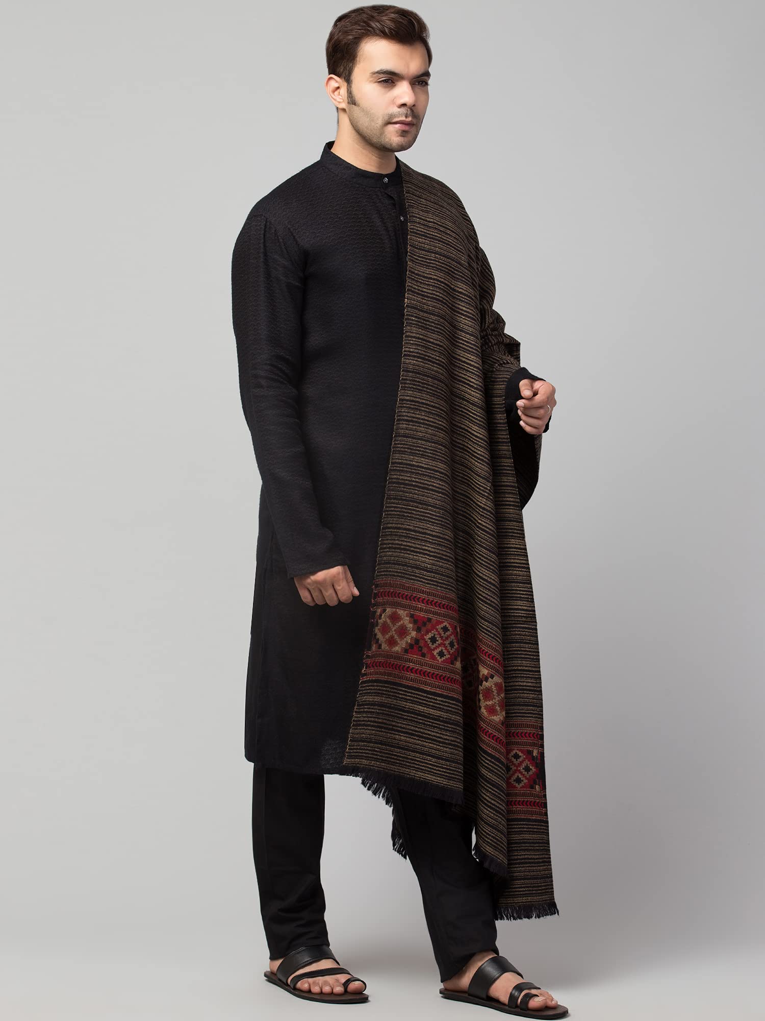 tweedle Woolen Kullu Shawl for Male/Stole for Men, Traditional Stripes Design Scarf for Gents - Black 3
