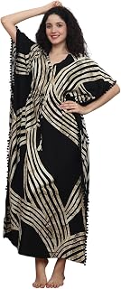 Claura Bohemian Women's Kaftan Beach Cover Up, Black and Gold Striped Pattern, Long Length Maxi Dress with Pom Pom Trim, C... Price In India