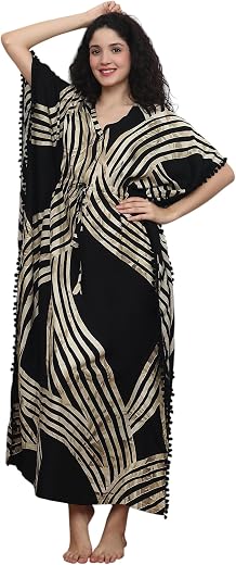 Claura Bohemian Women's Kaftan Beach Cover Up, Black and Gold Striped Pattern, Long Length Maxi Dress with Pom Pom Trim, C...