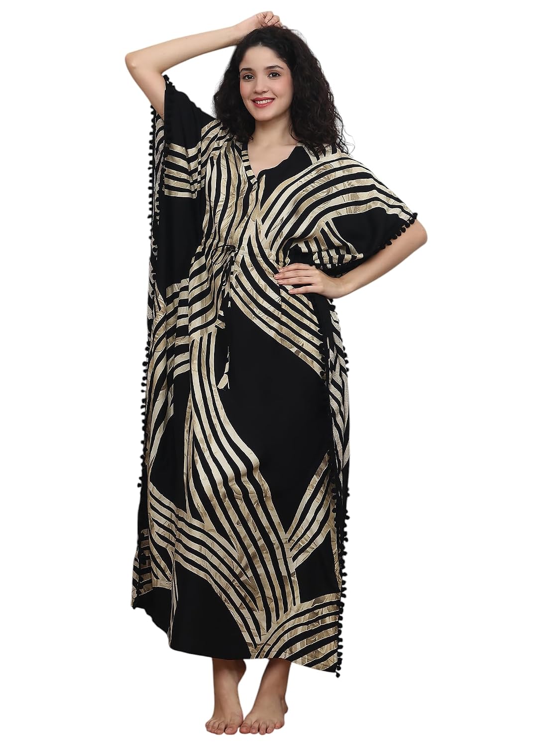 Claura Bohemian Women's Kaftan Beach Cover Up, Black and Gold Striped Pattern, Long Length Maxi Dress with Pom Pom Trim, C... - Review, Price and Buying Guide