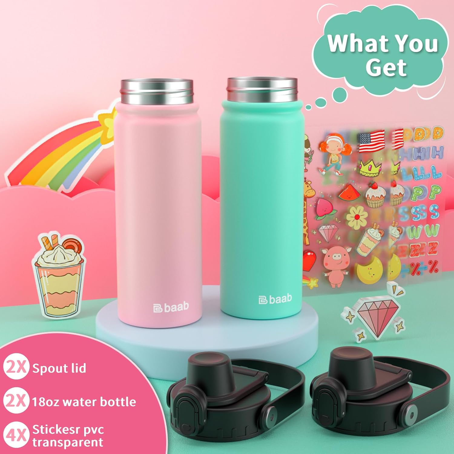 baab 18oz Kids Water Bottle, Insulated Kids Water Bottle with Lockable Spout Lid & Stickers, 18/8 Stainless Steel Vacuum Leakproof Kid Water Cup with Handle for School (Pink+Mint Green, 2 Pack) - Image 7