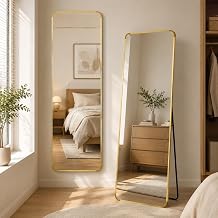 devesanter Miroir rectangulaire plein corps 49 x 159 cm, miroir de sol doré | Grand miroir sur pied avec cadre, montage mural, incliné, tout le corps comme miroir de coiffeuse pour salon
