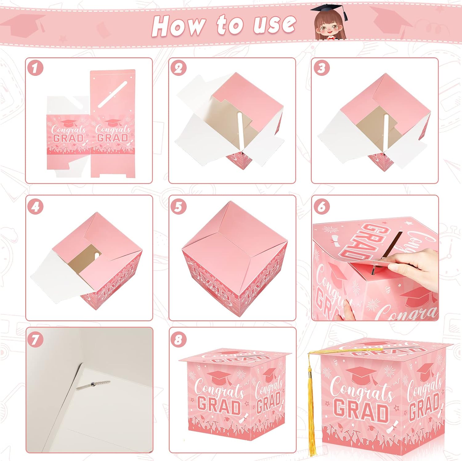 Yisong Graduation Card Box 2026 with 30 Advice Wishes Cards Congrats Grad Cap Box with Real Tassel for Class of 2026 Graduation Party Decorations(Pink)