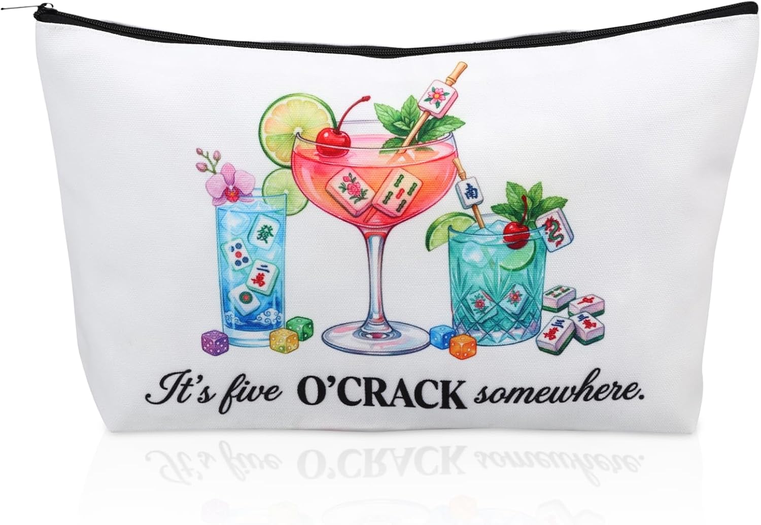 Mahjong Tiles Bag with Zipper - Cocktail Mahjong Print 13x7.5In