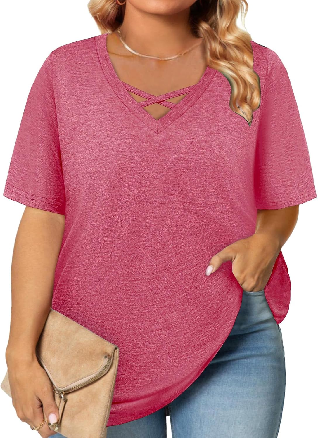 Plus Size Tops for Women Summer Trendy Criss Cross Shirts Oversized Casual Loose Fit Tunic Tops L-4XL