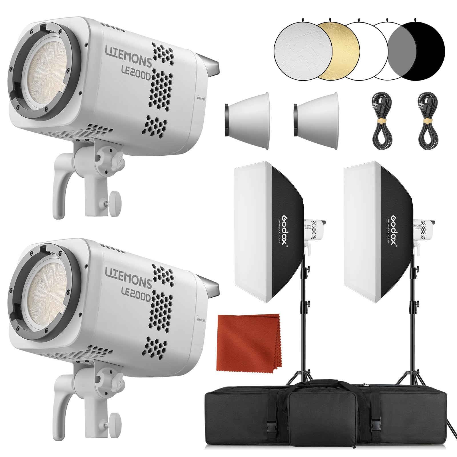 Godox 2-Pack Litemons LE200D LE200 D Éclairage Vidéo LED 200W 63500 lux/1m 5600K TLCI≈97 CRI≈96 Commande Bluetooth 7 Effets Spéciaux avec Monture Bowens Éclairage Videolight pour Le Streaming(Blanc)