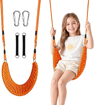 Hand-Knitting Kids Swing, Indoor Outdoor Portable Tree Swing Seat,Adjustable Ropes, with Hanging Strap and Snap Hook for Camping Hiking Backyard Playset and Playroom, Easy InstallOrange
