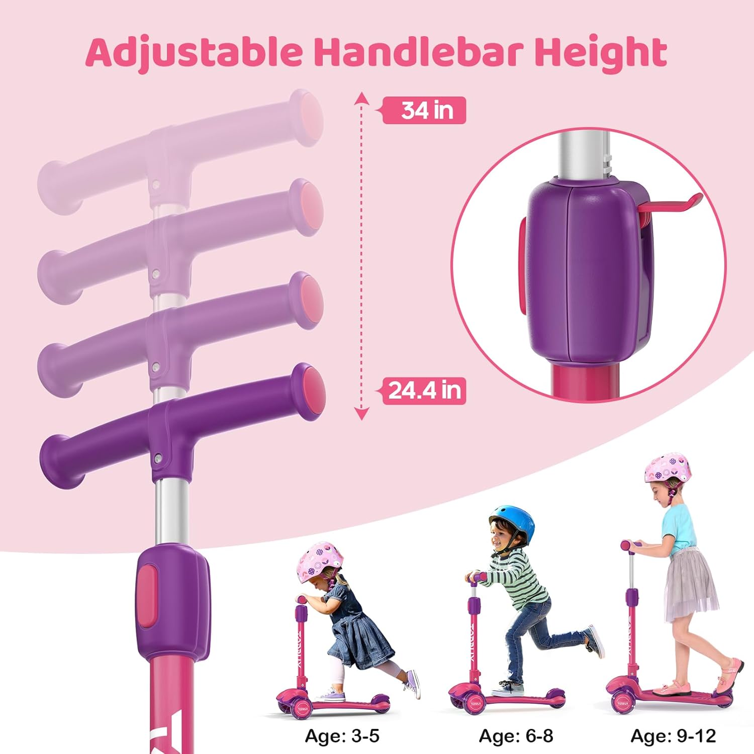 TONBUX Kids Scooter, Light Up 3 Wheel Kick Scooters for Kids 3-12, Folding Scooters with Adjustable Height - Toddler Scooter Lean-to-Steer & Widen Anti-Slip Deck