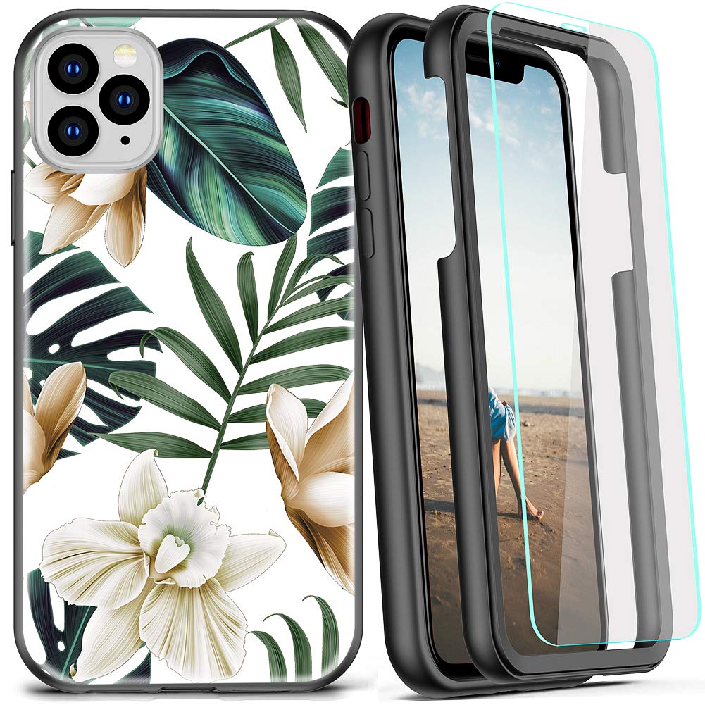 COOLQO Compatible for iPhone 11 Pro Max Case, 360 Full Body Coverage Hard PC+Soft Silicone TPU 3in1 Certified Military Shockproof Phone Protective with [2 x Tempered Glass Screen Protector]- Flowers