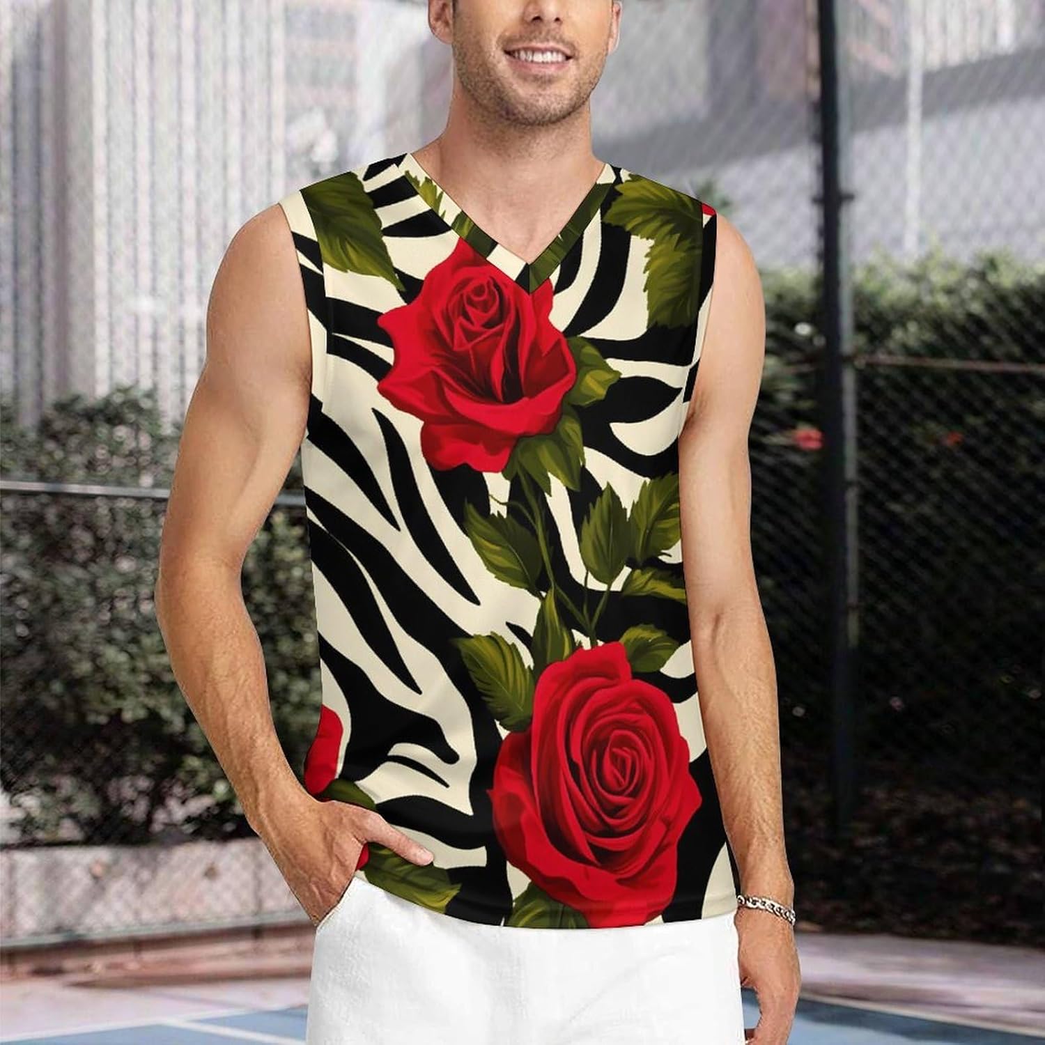 Red Roses on Zebra Background Men's V-Neck Basketball Tank Top Sleeveless Workout Tank Shirts Gym Fitness Tees Vest