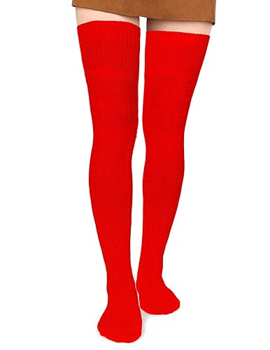 Moon Wood Women Thigh High Socks Extra Long Cotton Knit Warm Thick Tall Long Boot Stockings Leg Warmers - One Size - Christmas Red