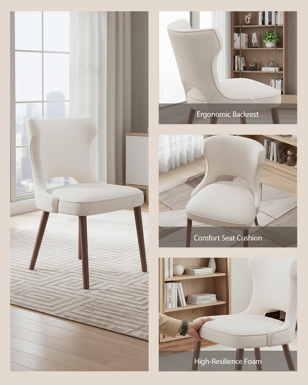 Wooden Dining Chairs Set of 4, Farmhouse Dining Room Chairs with Solid Wood Legs, Mid Century Fabric Kitchen Chairs, Upholstered Chair for Restaurant & Cafe- Beige