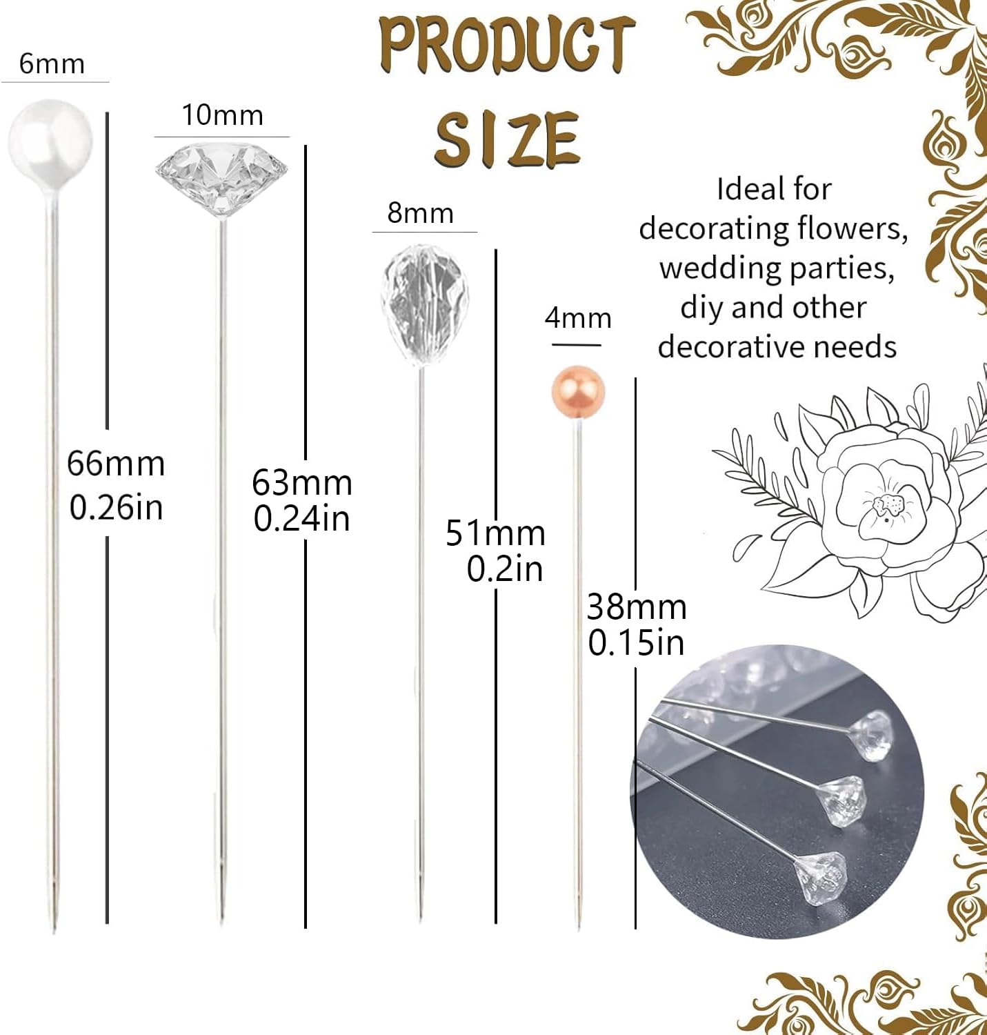 500Pcs 4 Styles Bouquet Pins Flower Pin Pearl Head Pins Crystal Corsage Pins for Dressmaking Jewelry Flower Decoration Bridal Pink White