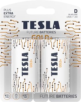 TESLA BATTERIES D GOLD+  LR20 / BLISTER FOIL 2 PCS  Maximum Power Alkaline Batteries, 10 Year Shelf Life, A Long-lasting Battery Life, Leak-free