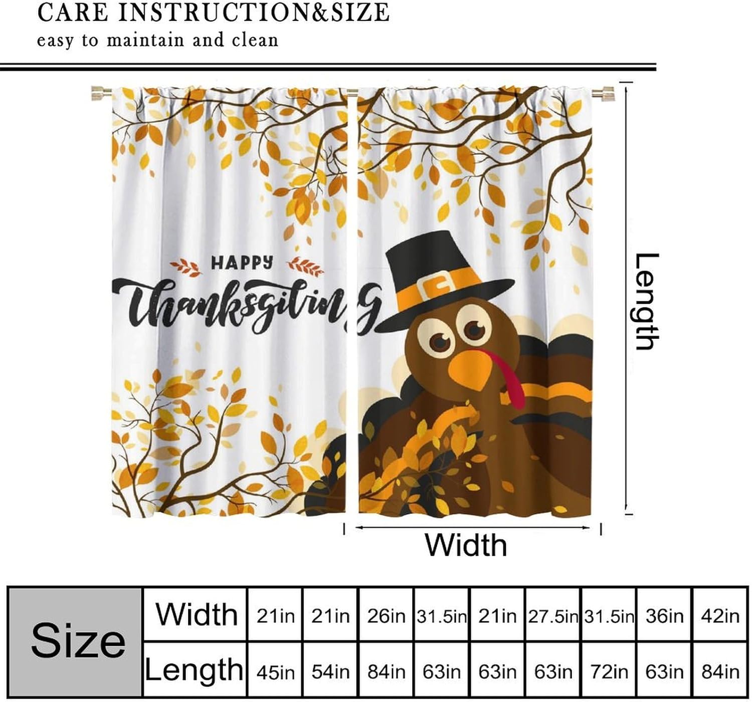Happy Thanksgiving Curtains, Cartoon Turkey Autumn Branch Yellow Leaves Fall Harvest Rod Pocket Window Curtains for Home Kitchen Bedroom Living Room Holiday Decor, 42" W X 45" L, Blackout