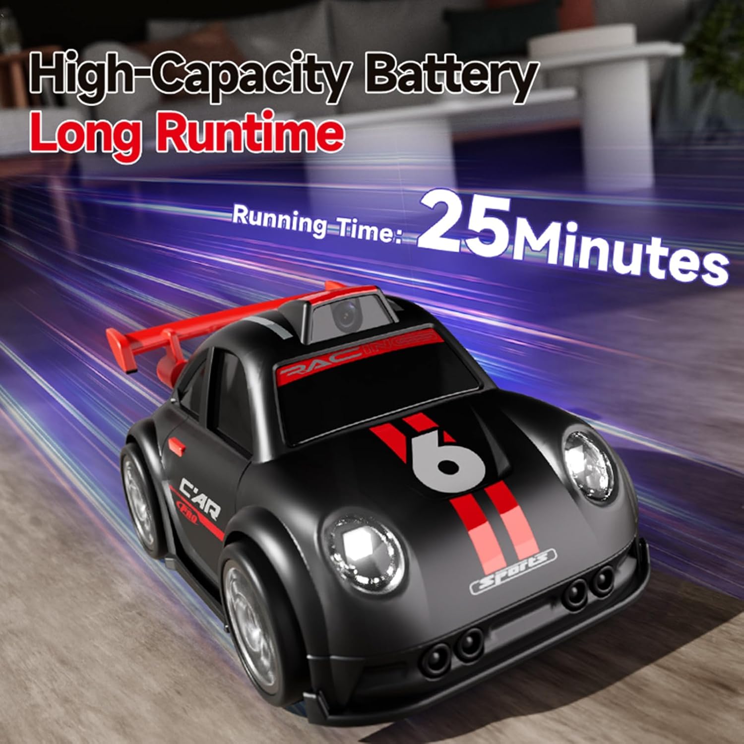 Mini RC Drift Cars, Tabletop Drifting RC Car with Real Time Camera Transmission, Dynamic Light and Sound Effects, Remote Controlled Drift Car with Follow and Escape Modes (Black)