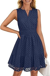 Women's Summer Sleeveless Mini Dress V Neck Hollow Out Eyelet Flowy A Line Beach Vacation Party Short Dresses
