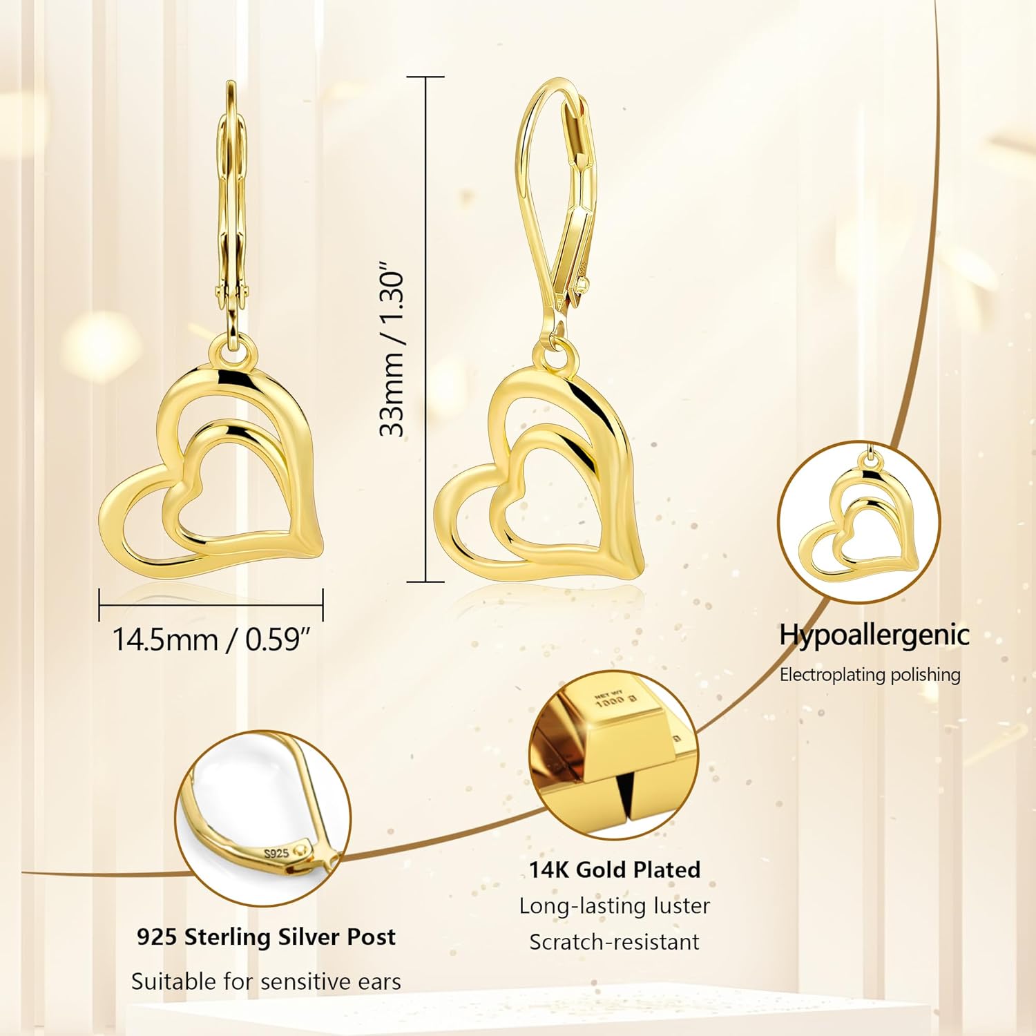 925 Sterling Silver Heart Dangle Earrings for Women, 14K Gold Plated Double Heart Dangling Drop Leverback Earrings for Women Trendy Hypoallergenic Earing Jewelry Gift - Image 7