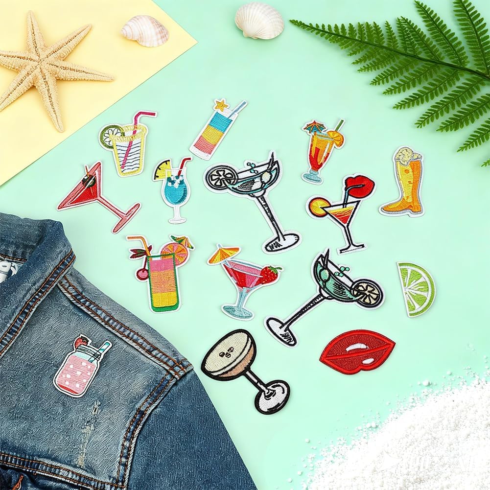 PH PandaHall 15pcs Martini Embroidered Iron On Patches Embroidered Patches 15 Styles Colorful Patch Applique for Baseball Hats T Shirts Hoodies Backpacks Party Travel DIY Decoration