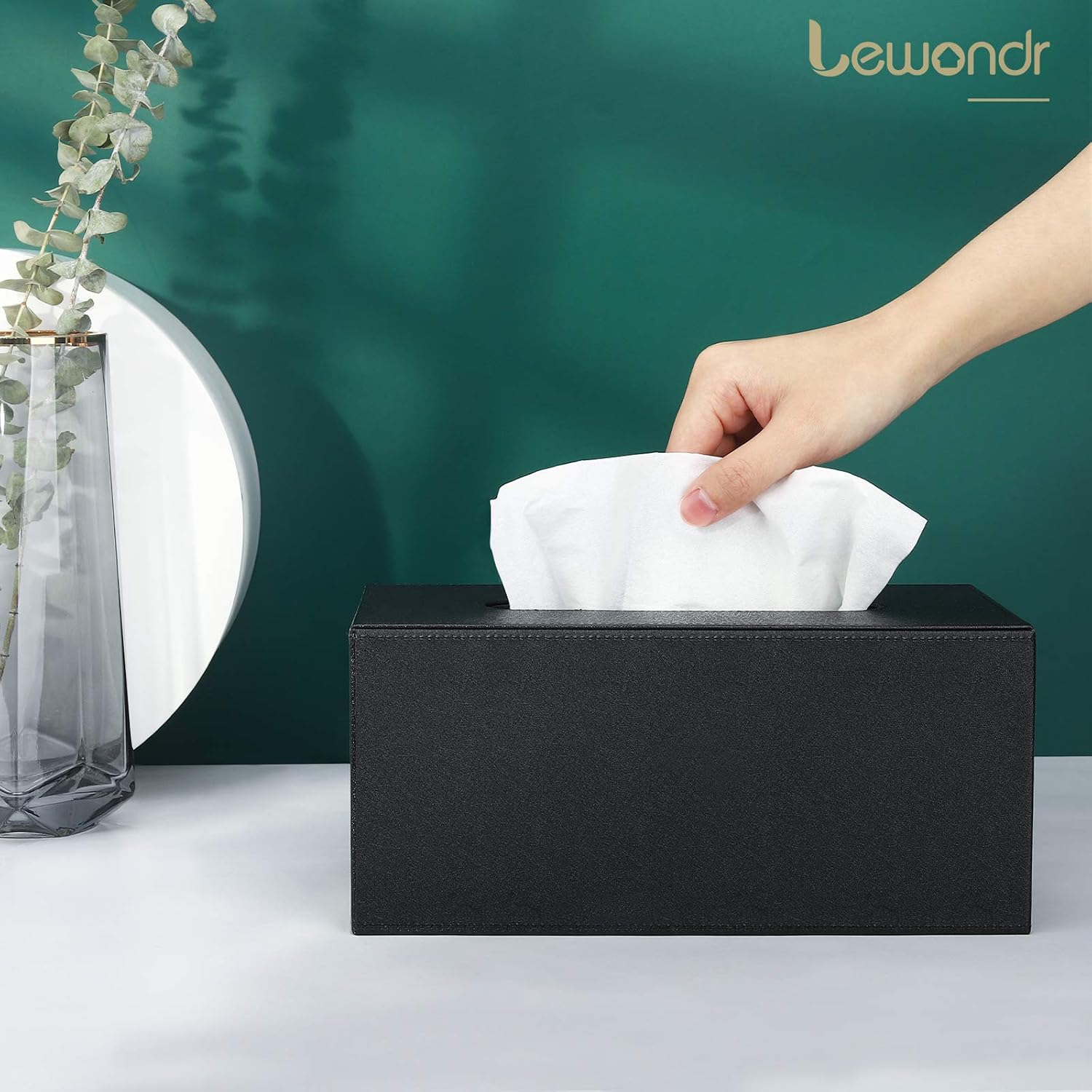 Lewondr Tissue Box Cover Rectangular, PU Leather Facial Tissue Box Holder, Napkin Storage Box, Toilet Paper Box Case Dispenser for Countertop Bedroom Bathroom Car Office - 9.8" x 5.3" x 4.5"(Black)