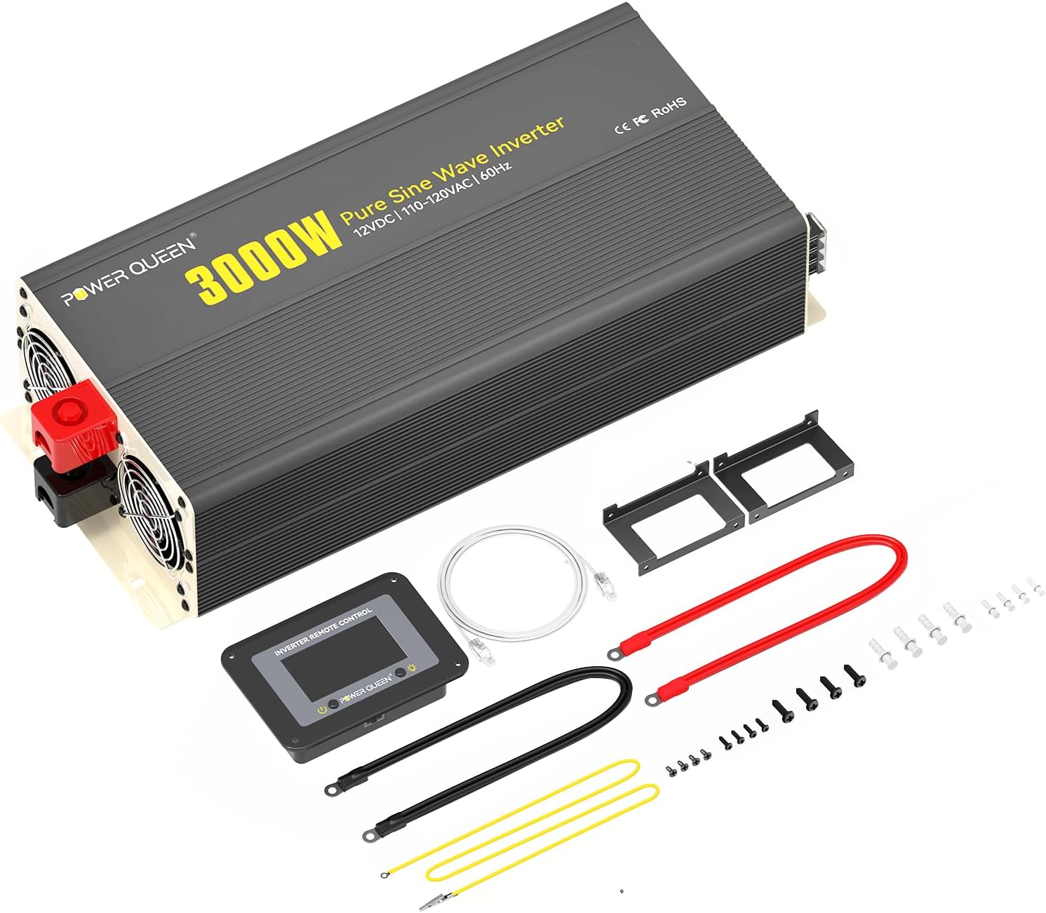 Power Queen 3000W Pure Sine Wave Inverter Charger,Solar Power Inverter 12V DC to 110V-120V AC C onverter with Remote Control,6000W Peak Power，4 AC Outlets USB Type-C for Home RV Off-Grid Solar Power