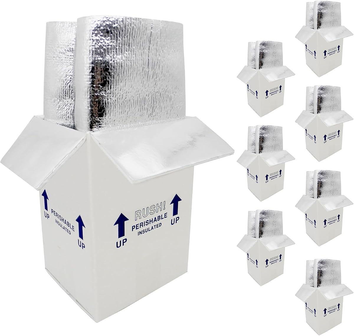 7x6x10“ Small Insulated Shipping Boxes for Frozen Food, 8 Pack Double Insulated Carton with Aluminum Foil Insulated Bag Liner, Reusable Perishable Shipper Cooler Packaging Box