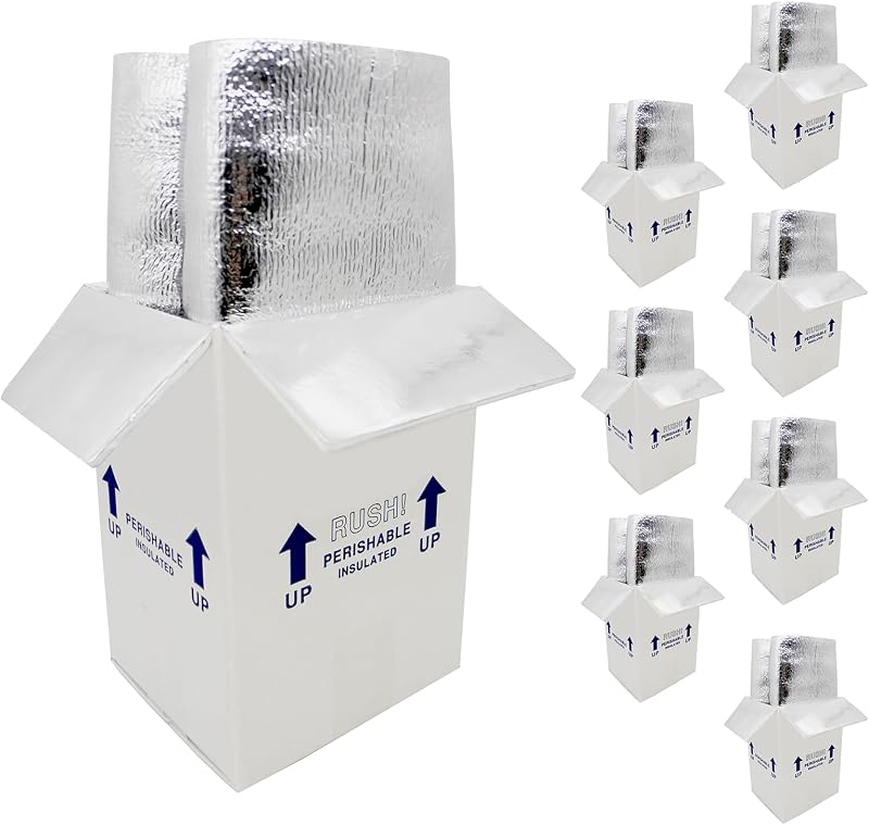 7x6x10“ Small Insulated Shipping Boxes for Frozen Food, 8 Pack Double Insulated Carton with Aluminum Foil Insulated Bag Liner, Reusable Perishable Shipper Cooler Packaging Box