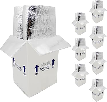 7x6x10 Small Insulated Shipping Boxes for Frozen Food, 8 Pack Double Insulated Carton with Aluminum Foil Insulated Bag Liner, Reusable Perishable Shipper Cooler Packaging Box