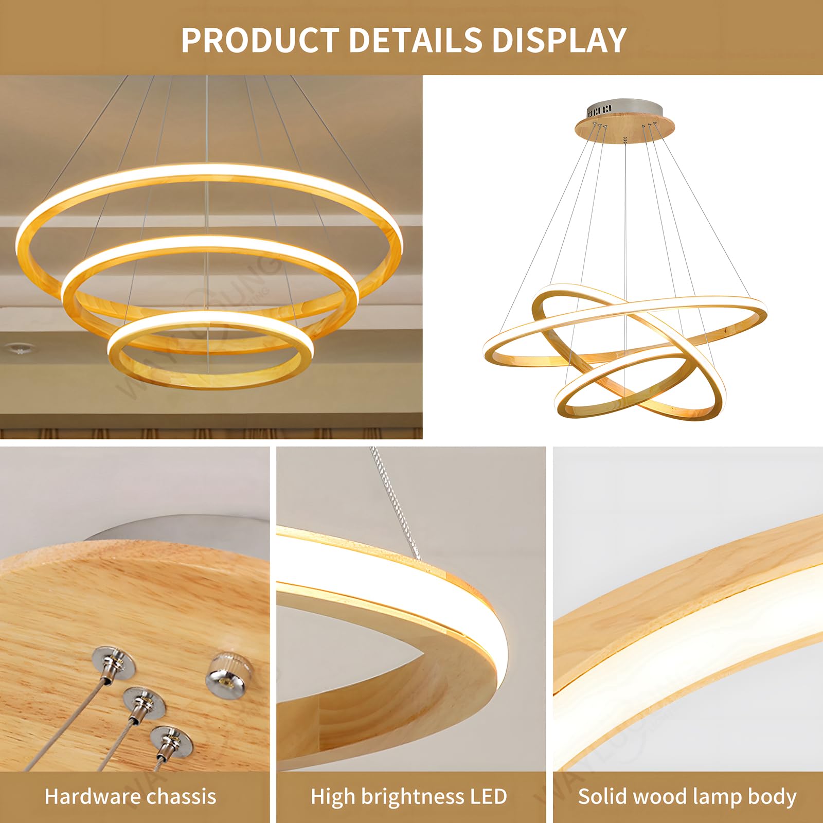 Drewniane Żyrandole LED Lampa Sufitowa, Możliwość Przyciemniania 3 Pierścieniowa Drewniana Oprawa Oświetleniowa, Regulowana Okrągła Lampa Wisząca, Wyspa Kuchenna Jadalnia Salon【40+60+80cm】