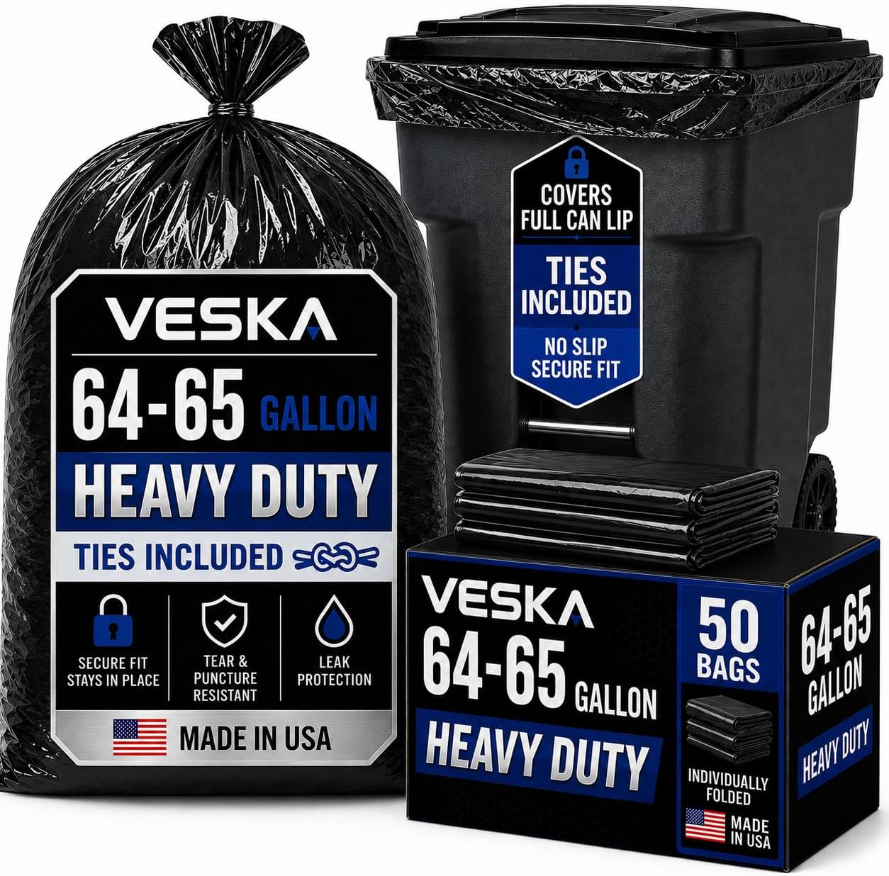 Veska 65 Gallon Trash Bags for Toter, (Value-Pack 50 Count w/Ties) Extra Large 64 Gallon Heavy Duty, 60 Gal Trash Bags Outdoor Garbage Can Liner for CustodiansExtra Large Garbage Bag 70 Gallon