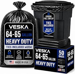 Veska 65 Gallon Trash Bags for Toter, (Value-Pack 50 Count w/Ties) Extra Large 64 Gallon Heavy Duty, 60 Gal Trash Bags Outdoor Garbage Can Liner for CustodiansExtra Large Garbage Bag 70 Gallon