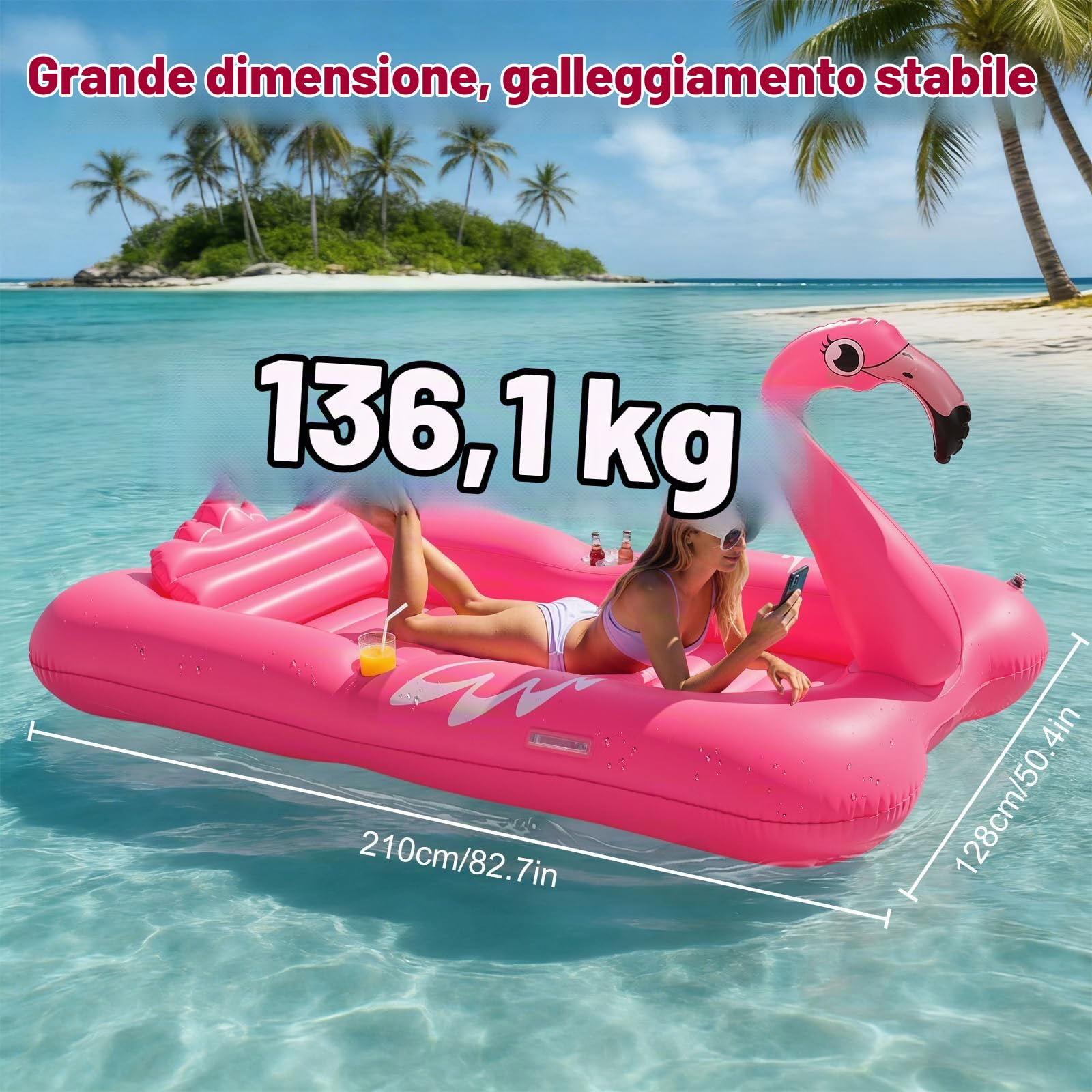 HeySplash Piscina Gonfiabile per Abbronzatura, Lettino Flamingo con Portabicchieri, Gonfiabili per Adulti, Materassino con Maniglie e Cuscino Staccabile per Spiaggia ed Estate (210x128 cm)
