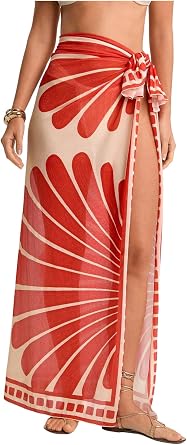 SweatyRocks Womens Sheer Sarong Swimsuit Floral Print Coverups | Pareo Sheer Mesh Coverups Tie Side High Slit Beach Maxi Skirt Swimsuit