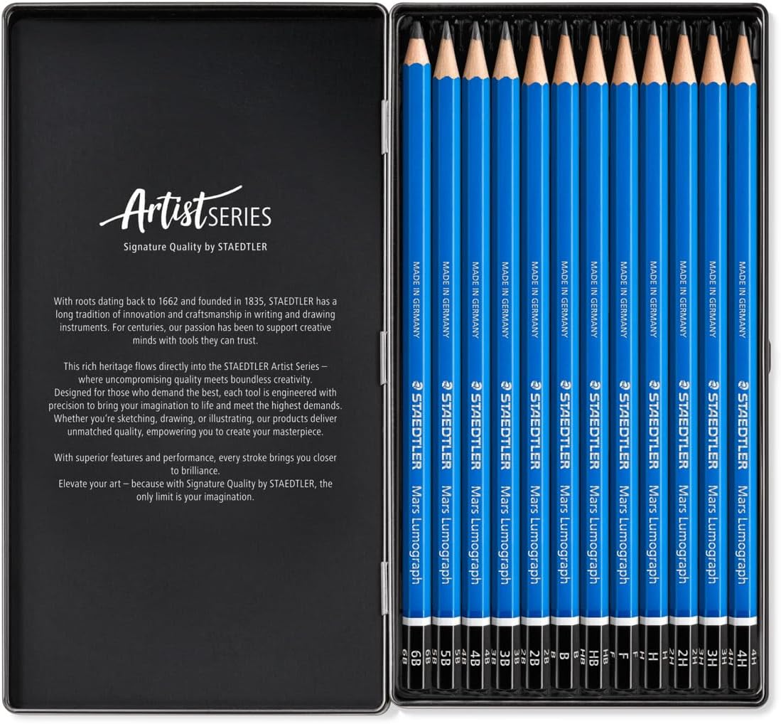 STAEDTLER Mars Lumograph Art Drawing Pencils (12-Pack) – Sustainable, Break-Resistant Graphite, Metal Case