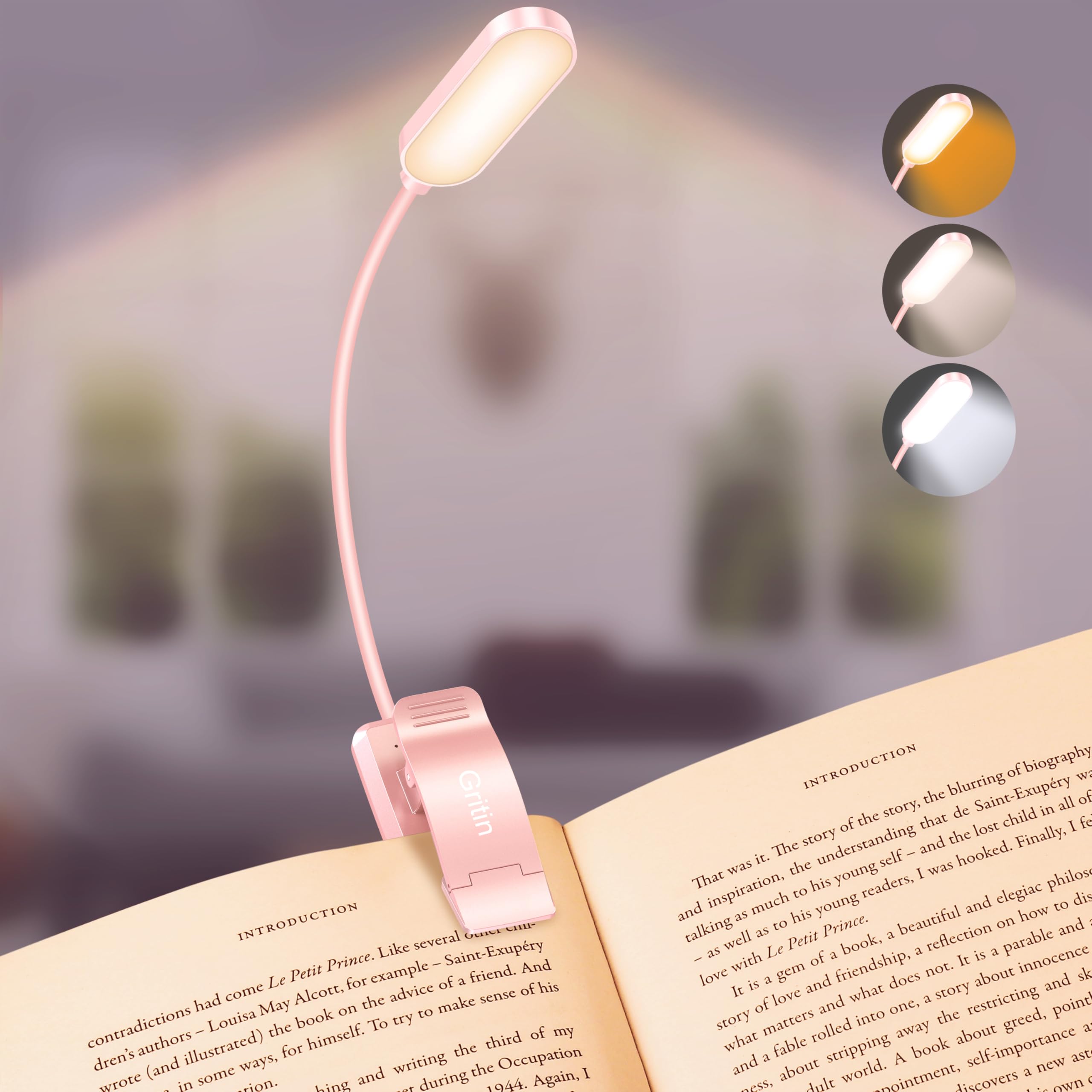 Gritin 16 LED Rechargeable Book Light for Reading in Bed- Eye Caring 3 Color Temperatures, Stepless Dimming Brightness, 80 Hrs Runtime, Lightweight Flexible Clip on Light for Book Lovers-Pink