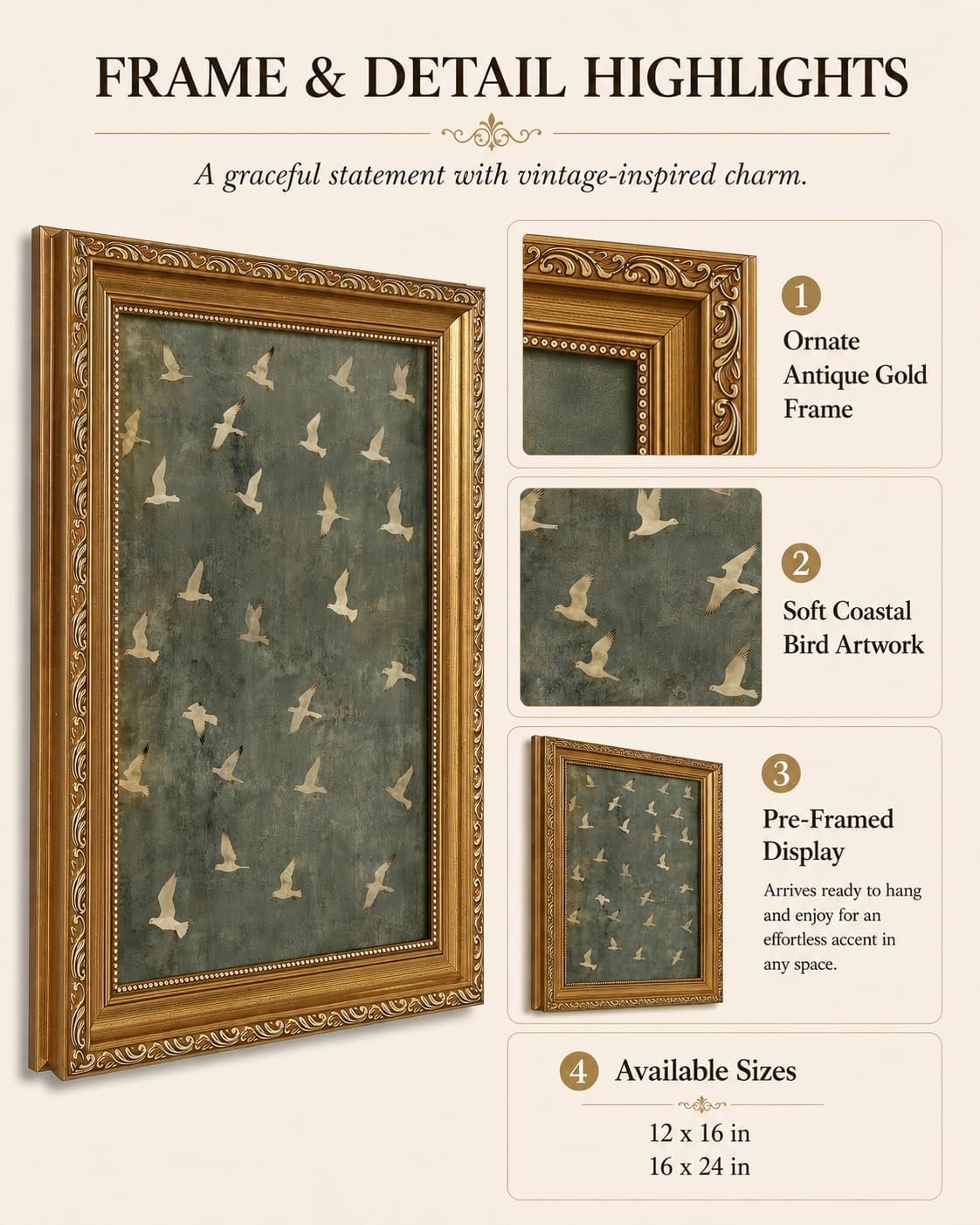 Vintage Gold Framed Flying Birds Wall Art Muted Tone Seagull Canvas Print image 5