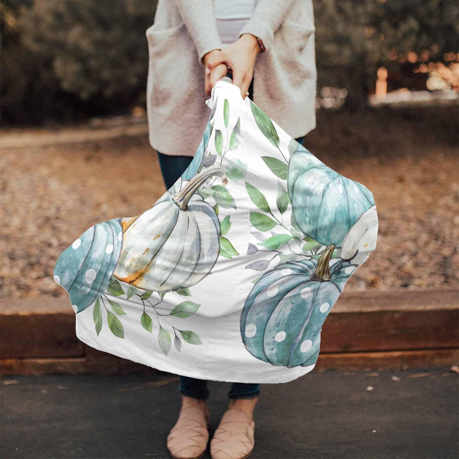 Nursing Cover for Breastfeeding Scarf, Fall White Pumpkin Turquoise Leaves Blue Baby Car Covers Super Soft Multi Use for Canopy Shopping Cart Cover Blanket Stroller Cover