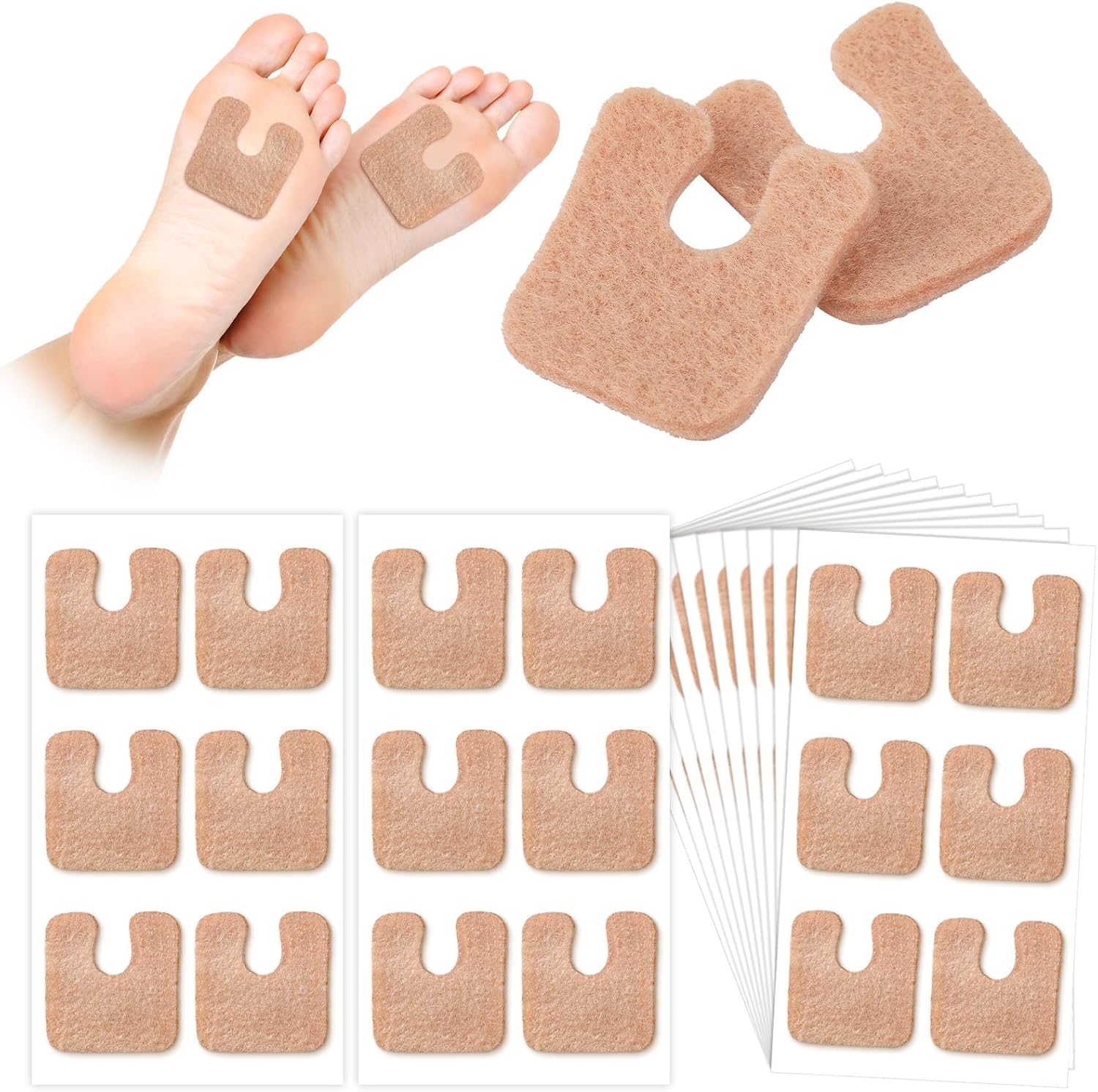 Boao 120 Pcs Callus Pads 1/4" Thick U Shaped Metatarsal Corn Pads Felt Callus Cushions Adhesive Corn Protectors for Men Women Feet Toes Pain Relief Blister Prevention