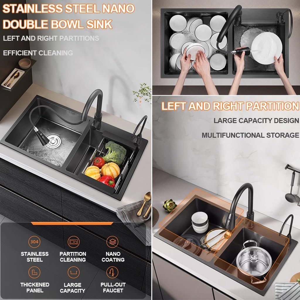 水 ダブルボウル ブラック ステンレススチール キッチンシンク