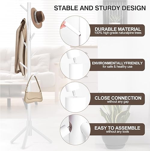 Miniatura 10 de WANGMUXIA Perchero de madera de alta calidad, perchero independiente con 8 ganchos y 3 percheros de árbol de tamaño ajustable para dormitorio,